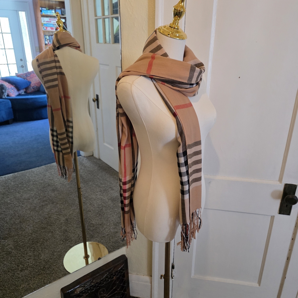 Pashmina Tan and Black Plaid Scarf